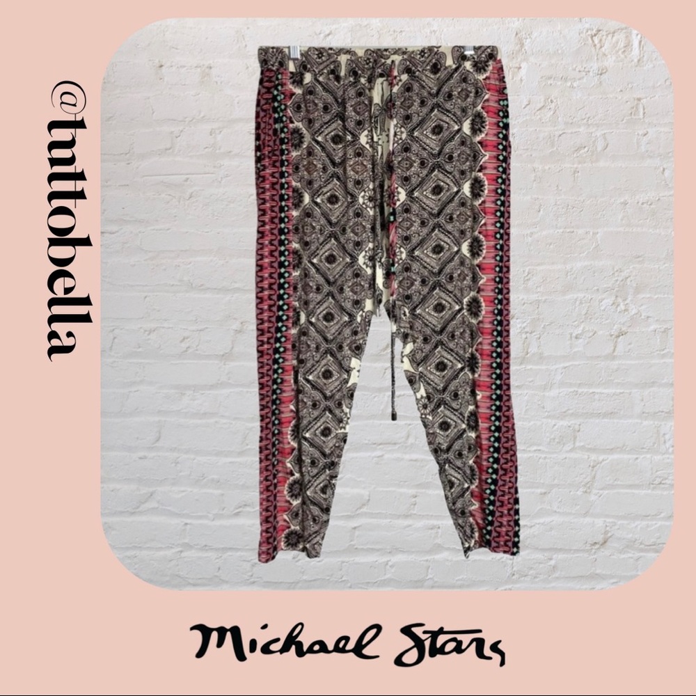 Michael Stars Black & White Patterned Ankle Pants with Pink Side Panels
